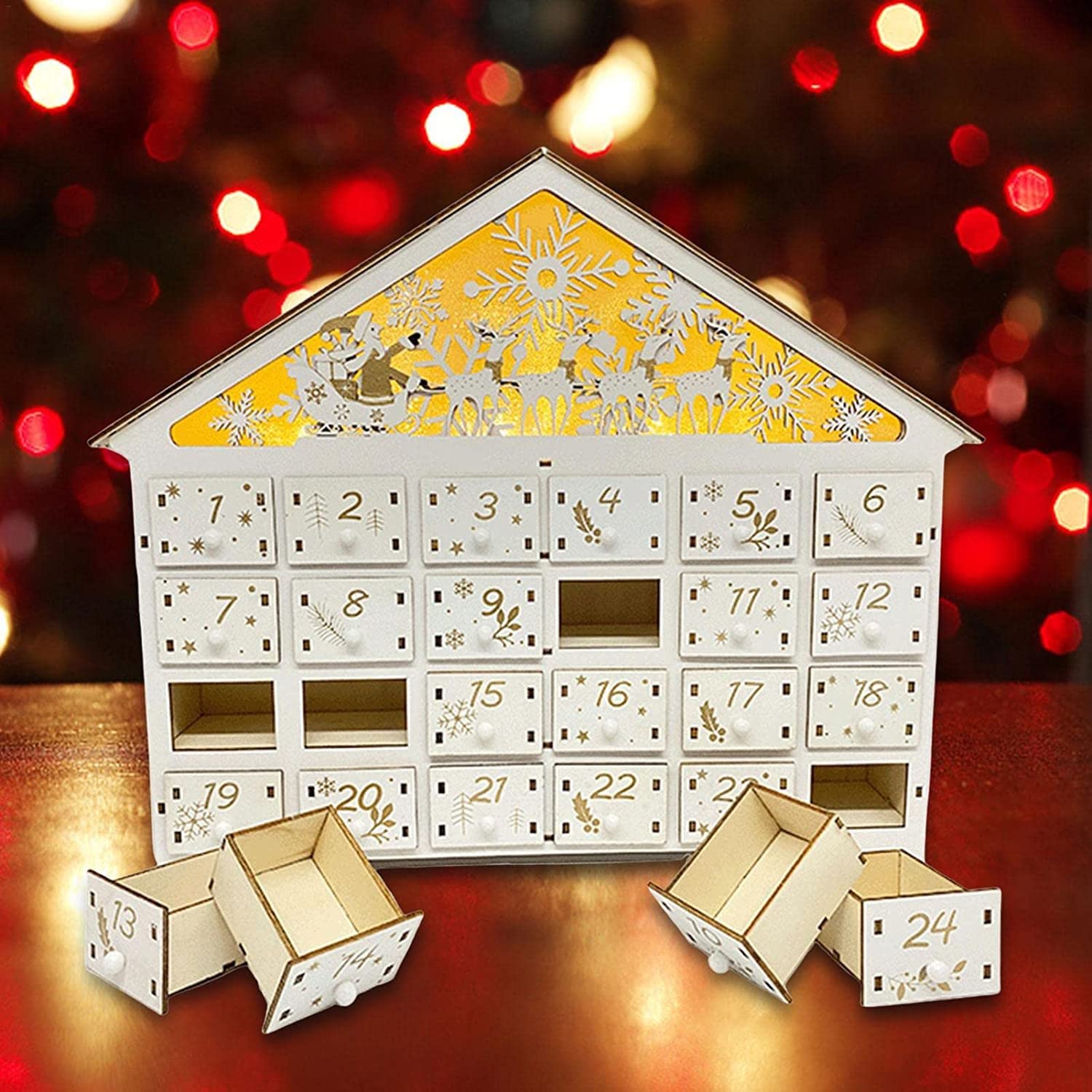 Amazon.co.jp: クリスマス木製アドベントカレンダーデコレーション LED